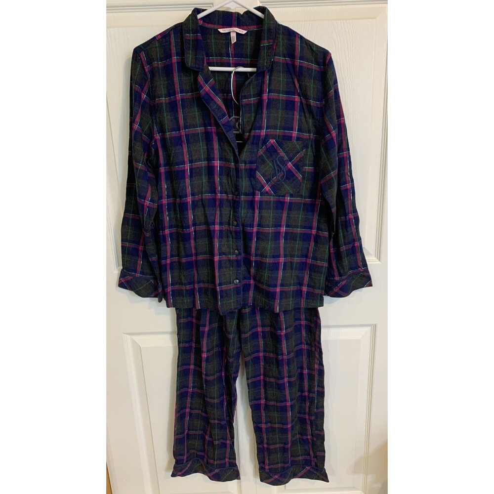 Victorias Secret Plaid Flannel Pajama Set S Petite Button Front Lounge